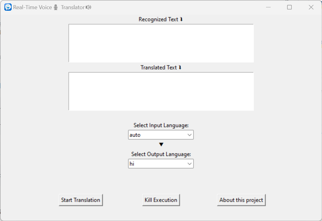 Real-Time Voice Translator GUI Application Interface - User-friendly interface showing source and target language selection dropdowns, microphone input controls, real-time translation status indicators, and start/stop buttons for seamless voice translation experience
