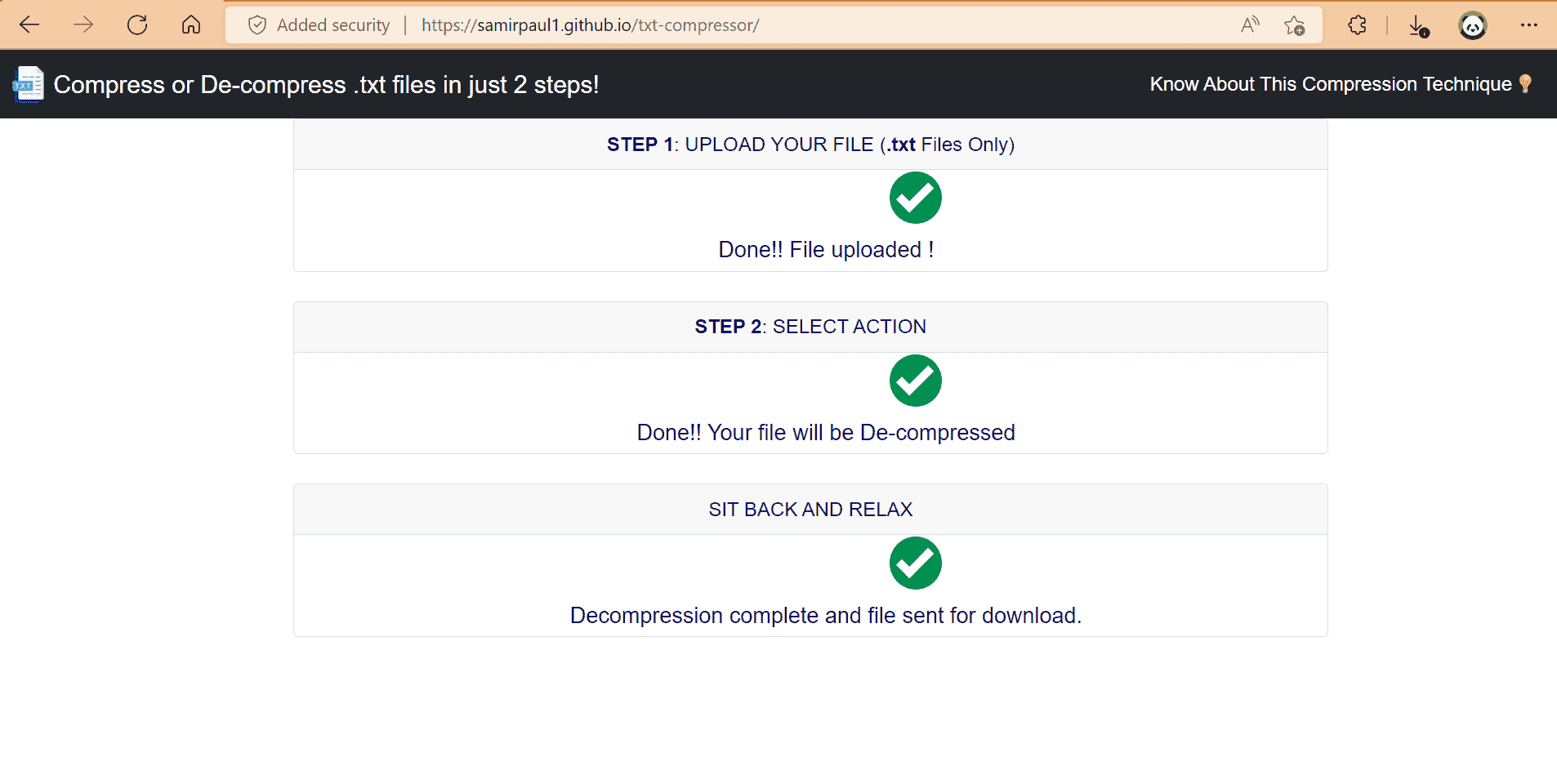 Decompression Success - Interface showing successful decoding of Huffman-encoded file back to original text format with file size restoration confirmation and automatic download of decompressed .txt file