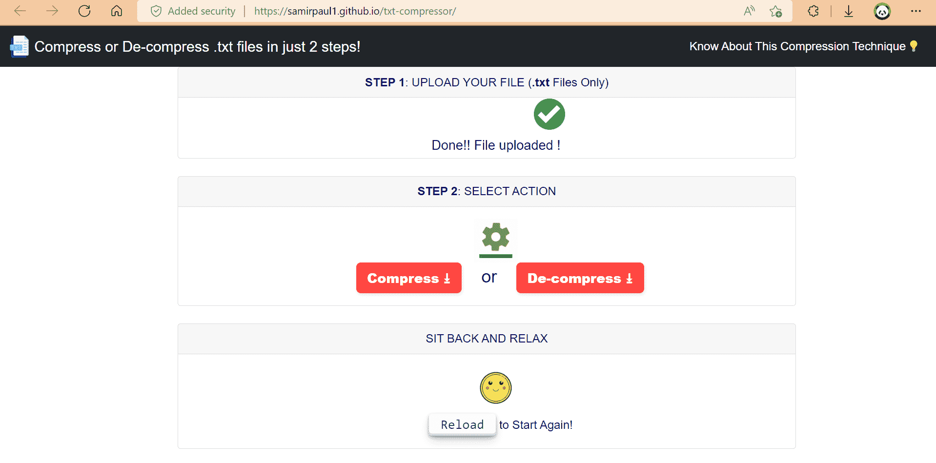 Upload Text File Interface - File selection dialog showing supported .txt format with drag-and-drop functionality, file size validation, and clear upload instructions for Huffman compression algorithm processing