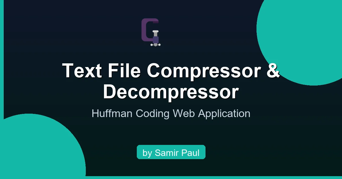 Text File Compressor & Decompressor is a sophisticated web application implementing Huffman Coding algorithm for lossless data compression. Compress .txt files by 35-40%, encode for security, and decode back to original format. Built with pure JavaScript, HTML5, and CSS3 for client-side processing. Features include compression ratio display, automatic downloads, and comprehensive user guidance.